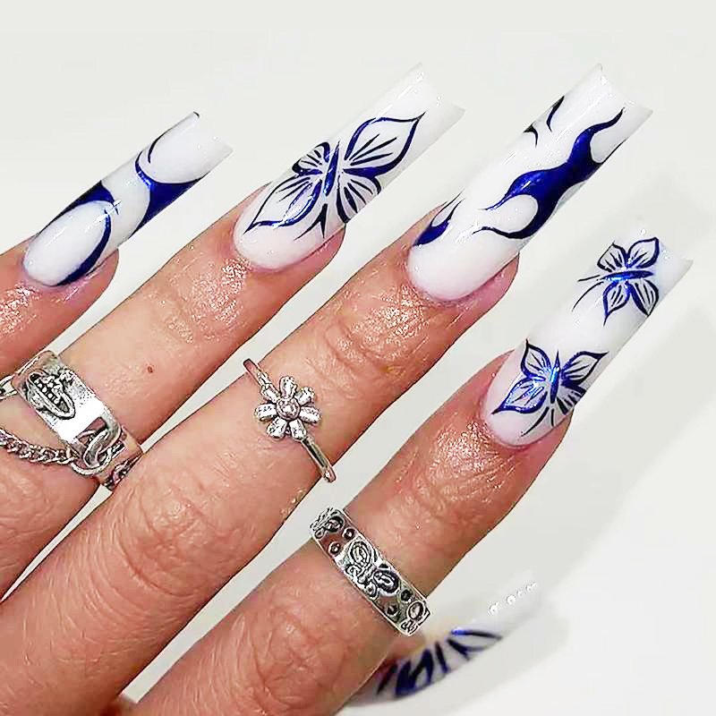 24 PCS Blue Butterfly Art, Long Length Long Water Pipe Fake Nails,Square Head Nail Tips False Nail 1 24 PCS Blue Butterfly Art, Long Length Long Water Pipe Fake Nails,Square Head Nail Tips False Nail