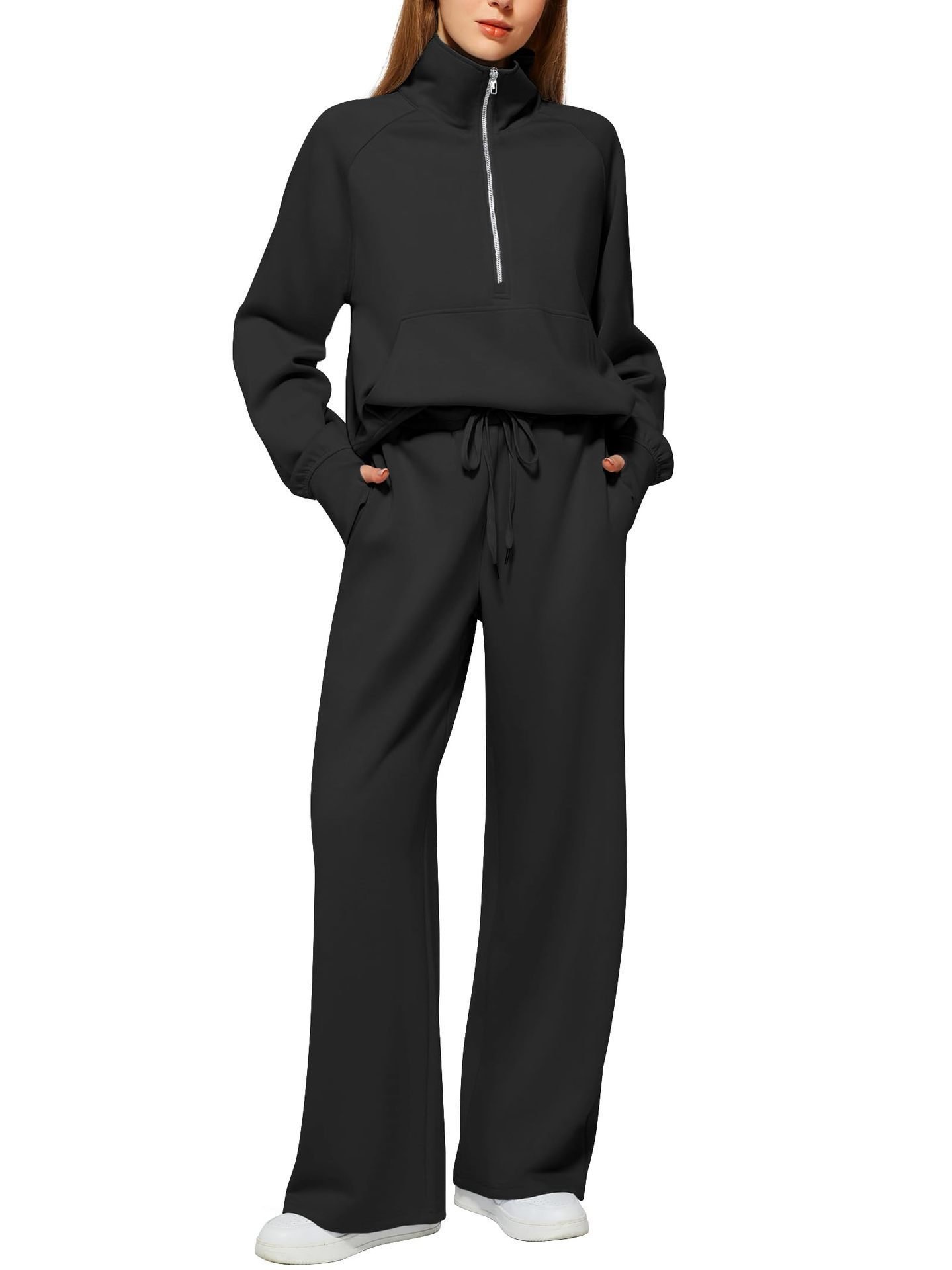 Woman Solid Color Half Zip Long Sleeve Sweatshirt And Wide Leg Pants Set Casual Sporty Two Piece Outfit Women's Suit 6 Woman Solid Color Half Zip Long Sleeve Sweatshirt And Wide Leg Pants Set Casual Sporty Two Piece Outfit Women's Suit - Image 6