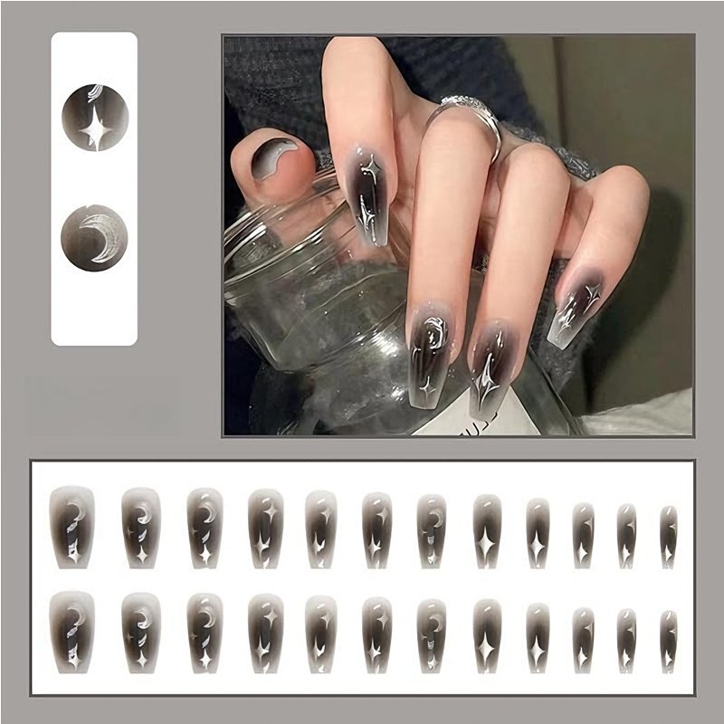 24 PCS Black Silver Star Nail Art, Long Length Long Water Pipe Fake Nails,Square Head Nail Tips False Nail 5 24 PCS Black Silver Star Nail Art, Long Length Long Water Pipe Fake Nails,Square Head Nail Tips False Nail - Image 5
