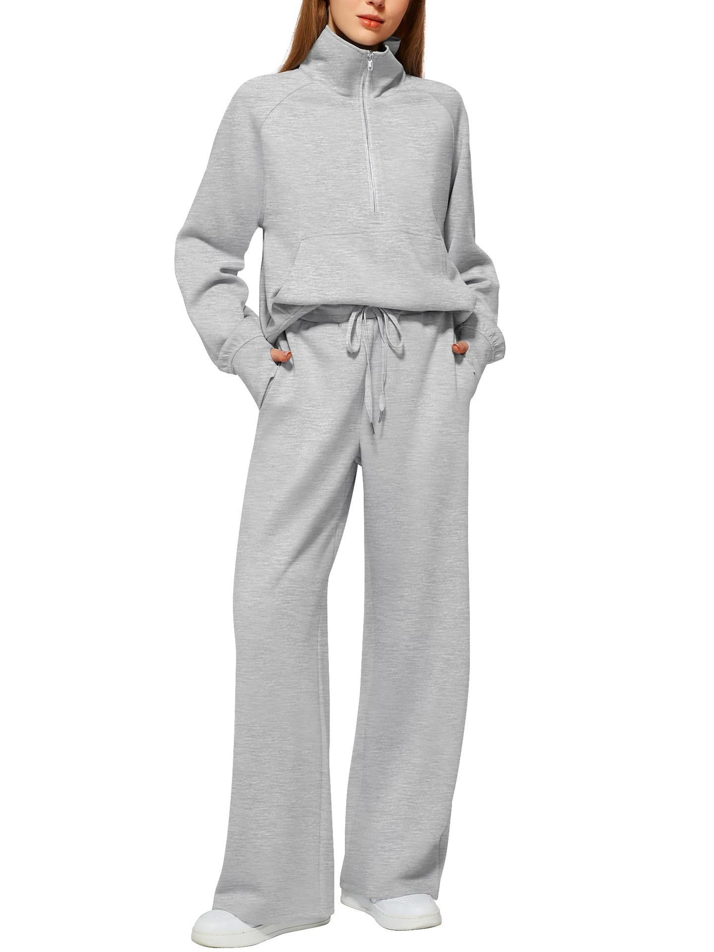 Woman Solid Color Half Zip Long Sleeve Sweatshirt And Wide Leg Pants Set Casual Sporty Two Piece Outfit Women's Suit 8 Woman Solid Color Half Zip Long Sleeve Sweatshirt And Wide Leg Pants Set Casual Sporty Two Piece Outfit Women's Suit - Image 8