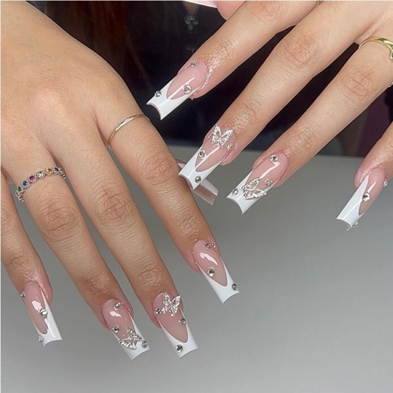 24 PCS Diamond Butterfly Nail Art, Long Length Long Water Pipe Fake Nails,Square Head Nail Tips False Nail 1 24 PCS Diamond Butterfly Nail Art, Long Length Long Water Pipe Fake Nails,Square Head Nail Tips False Nail