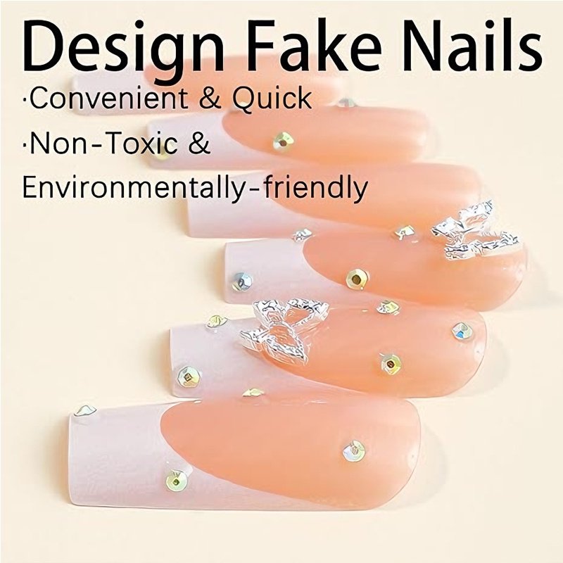 24 PCS Diamond Butterfly Nail Art, Long Length Long Water Pipe Fake Nails,Square Head Nail Tips False Nail 3 24 PCS Diamond Butterfly Nail Art, Long Length Long Water Pipe Fake Nails,Square Head Nail Tips False Nail - Image 3