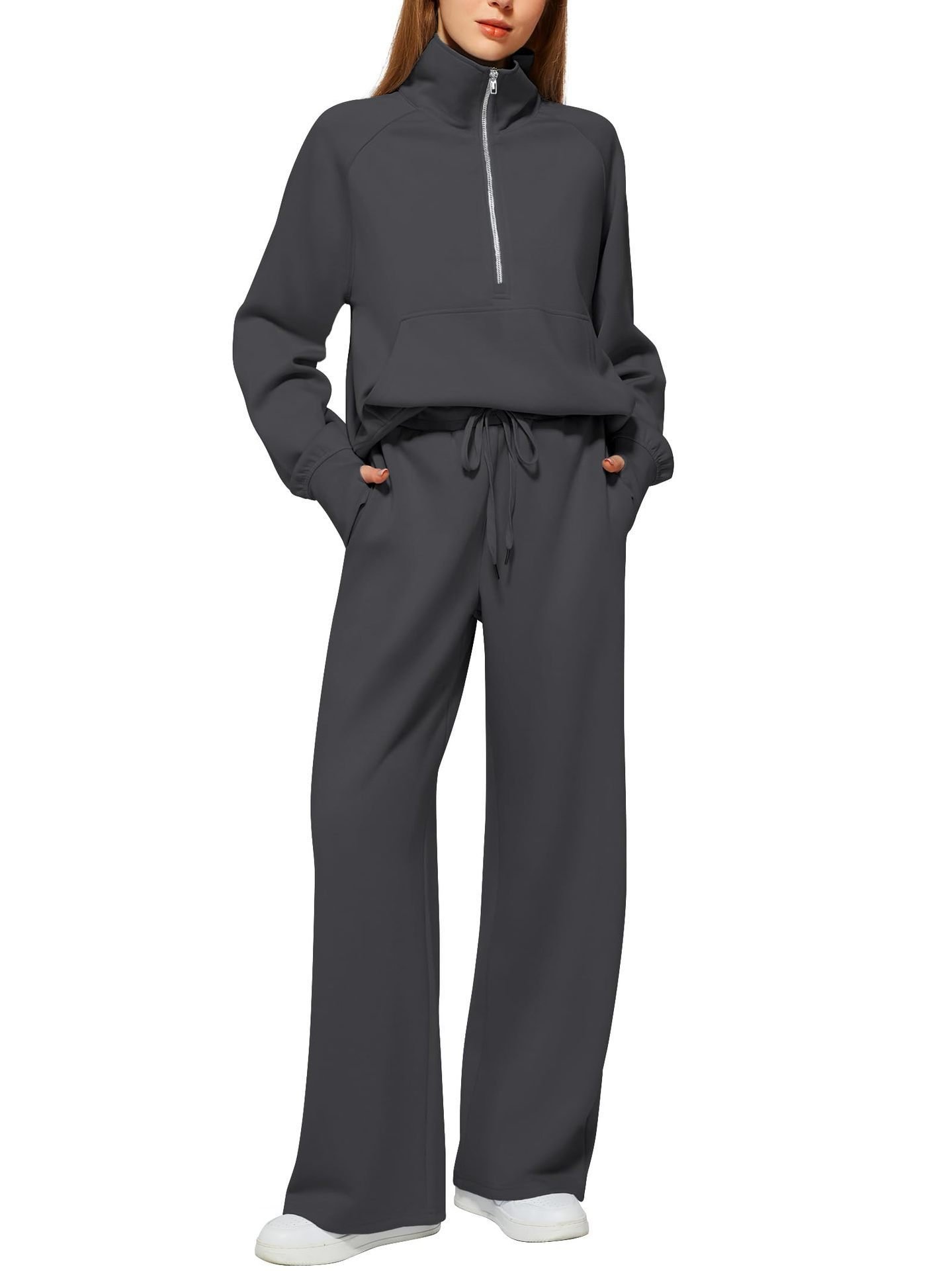 Woman Solid Color Half Zip Long Sleeve Sweatshirt And Wide Leg Pants Set Casual Sporty Two Piece Outfit Women's Suit 3 Woman Solid Color Half Zip Long Sleeve Sweatshirt And Wide Leg Pants Set Casual Sporty Two Piece Outfit Women's Suit - Image 3