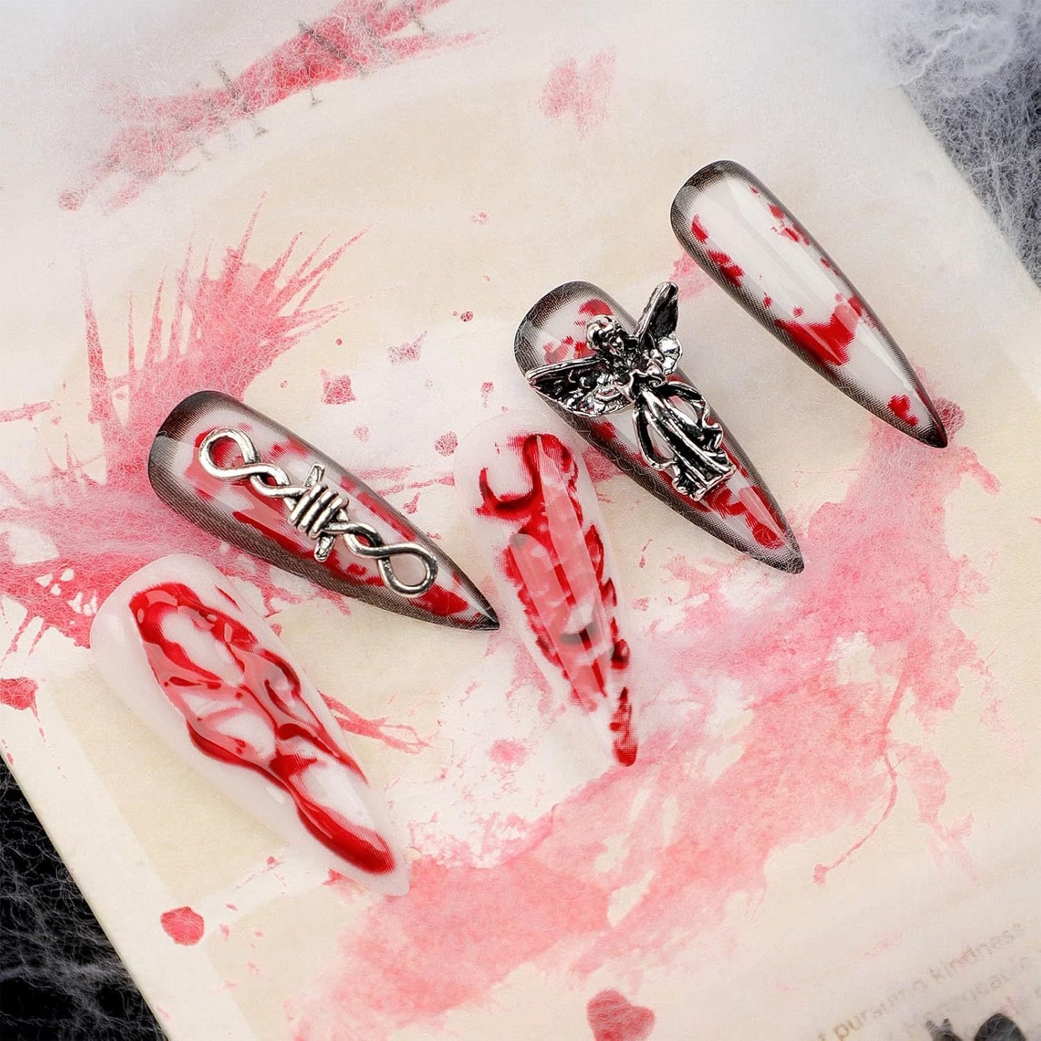 24 PCS Extra Long Teardrop-shaped Wearable Nail Art, Terrifying Angel Nail Art, 3D Blood-colored Fake Nails 5 24 PCS Extra Long Teardrop-shaped Wearable Nail Art, Terrifying Angel Nail Art, 3D Blood-colored Fake Nails - Image 5