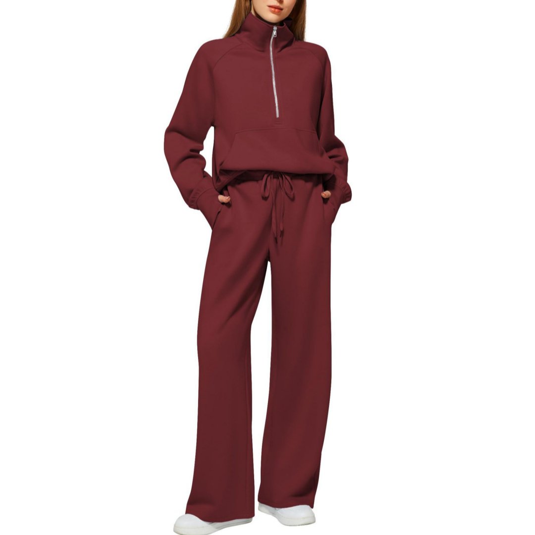Woman Solid Color Half Zip Long Sleeve Sweatshirt And Wide Leg Pants Set Casual Sporty Two Piece Outfit Women's Suit 7 Woman Solid Color Half Zip Long Sleeve Sweatshirt And Wide Leg Pants Set Casual Sporty Two Piece Outfit Women's Suit - Image 7