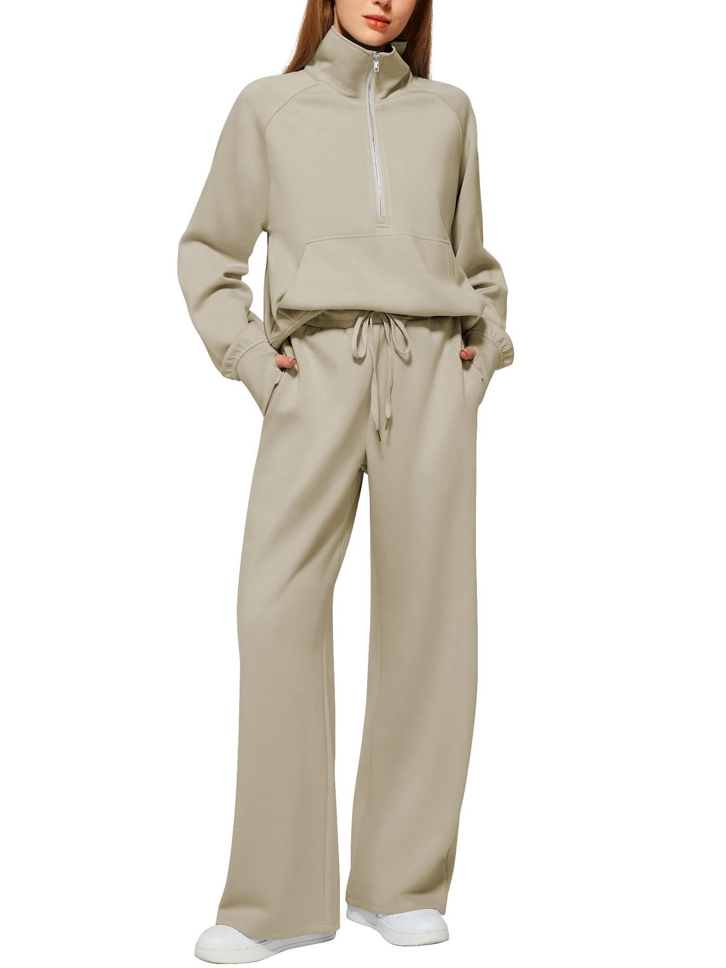 Woman Solid Color Half Zip Long Sleeve Sweatshirt And Wide Leg Pants Set Casual Sporty Two Piece Outfit Women's Suit 9 Woman Solid Color Half Zip Long Sleeve Sweatshirt And Wide Leg Pants Set Casual Sporty Two Piece Outfit Women's Suit - Image 9