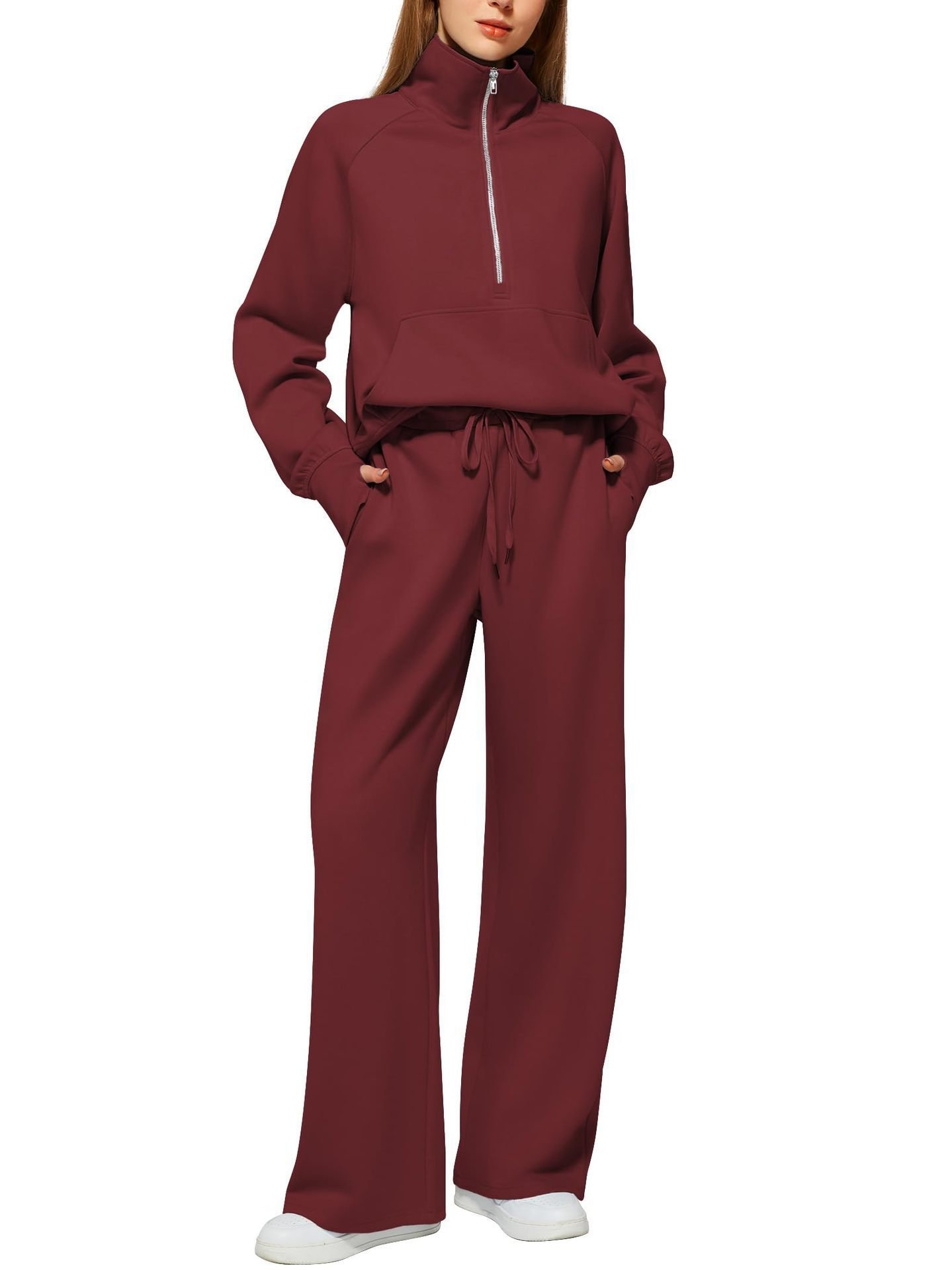 Woman Solid Color Half Zip Long Sleeve Sweatshirt And Wide Leg Pants Set Casual Sporty Two Piece Outfit Women's Suit 4 Woman Solid Color Half Zip Long Sleeve Sweatshirt And Wide Leg Pants Set Casual Sporty Two Piece Outfit Women's Suit - Image 4