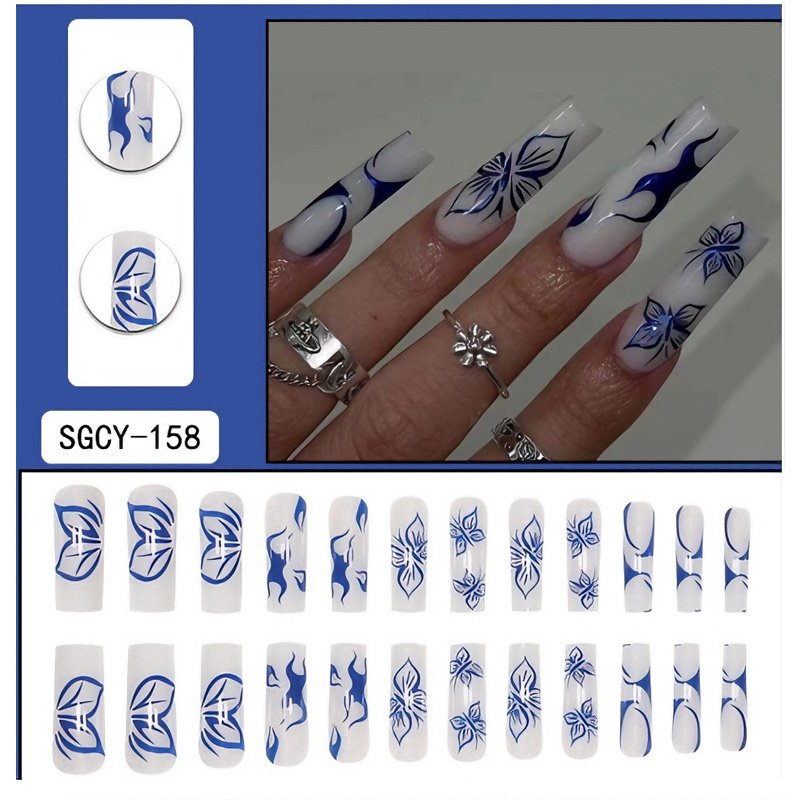 24 PCS Blue Butterfly Art, Long Length Long Water Pipe Fake Nails,Square Head Nail Tips False Nail 2 24 PCS Blue Butterfly Art, Long Length Long Water Pipe Fake Nails,Square Head Nail Tips False Nail - Image 2