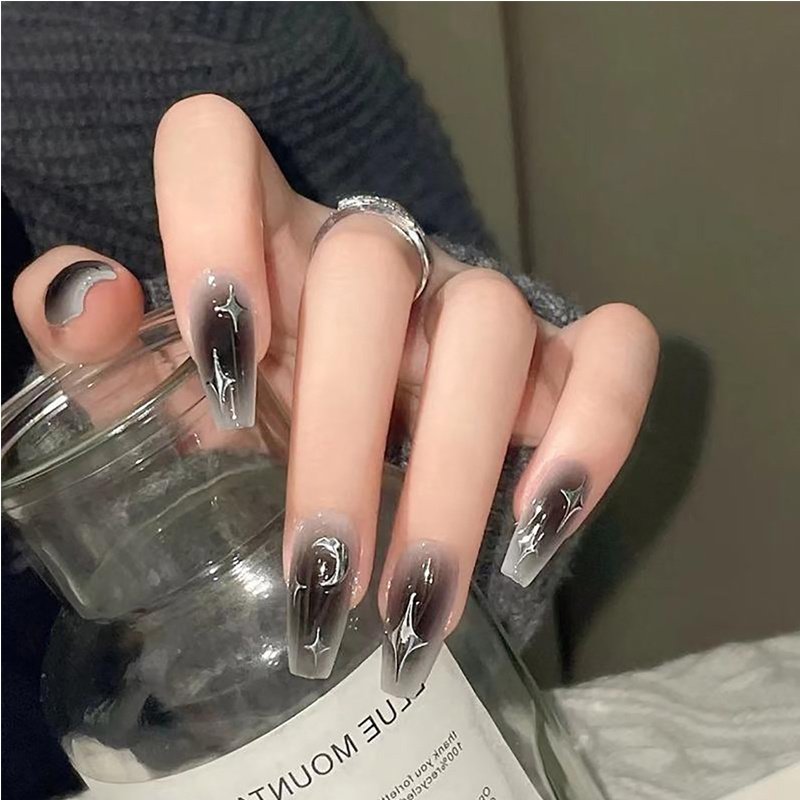 24 PCS Black Silver Star Nail Art, Long Length Long Water Pipe Fake Nails,Square Head Nail Tips False Nail 1 24 PCS Black Silver Star Nail Art, Long Length Long Water Pipe Fake Nails,Square Head Nail Tips False Nail