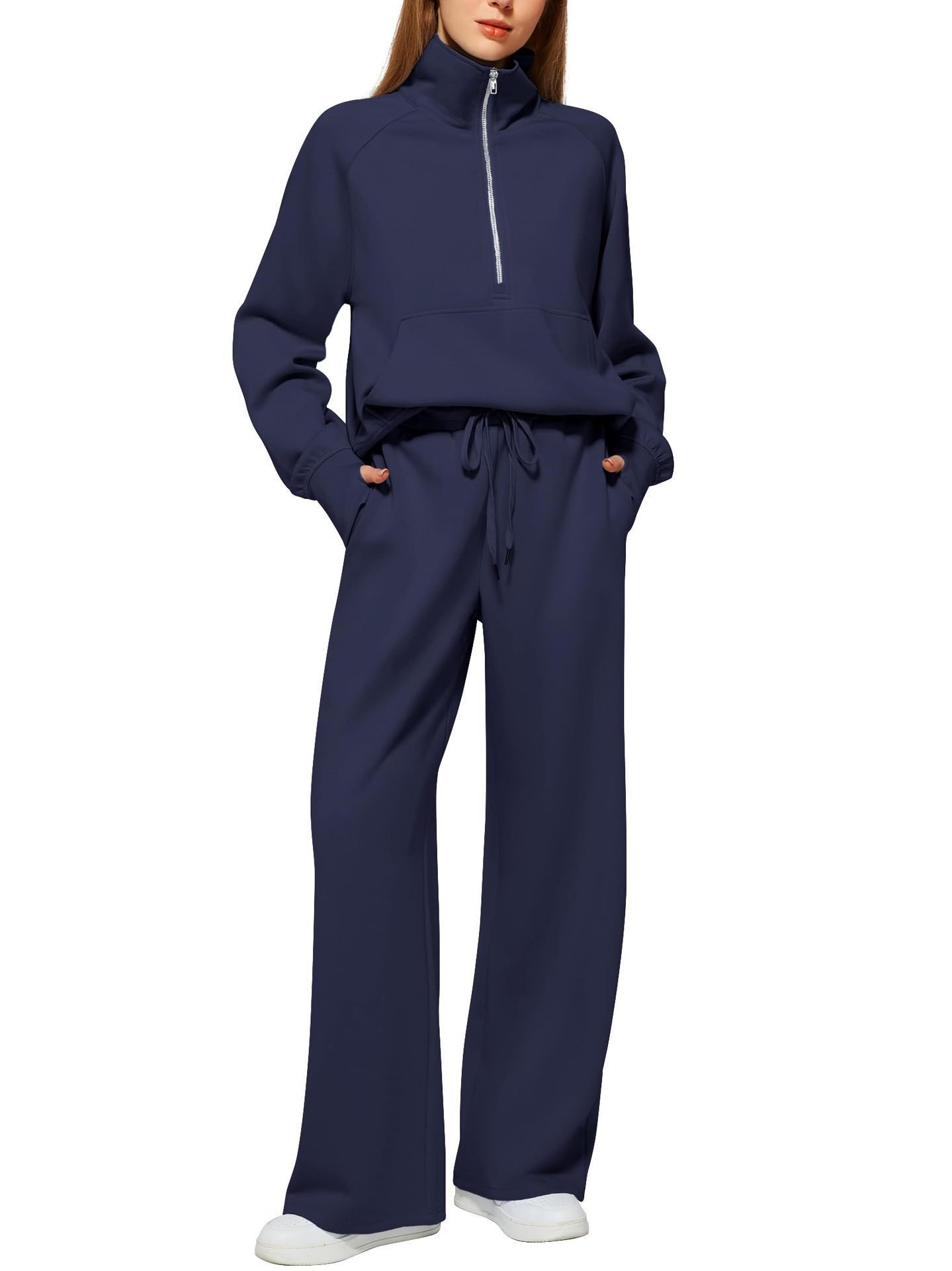 Woman Solid Color Half Zip Long Sleeve Sweatshirt And Wide Leg Pants Set Casual Sporty Two Piece Outfit Women's Suit 5 Woman Solid Color Half Zip Long Sleeve Sweatshirt And Wide Leg Pants Set Casual Sporty Two Piece Outfit Women's Suit - Image 5
