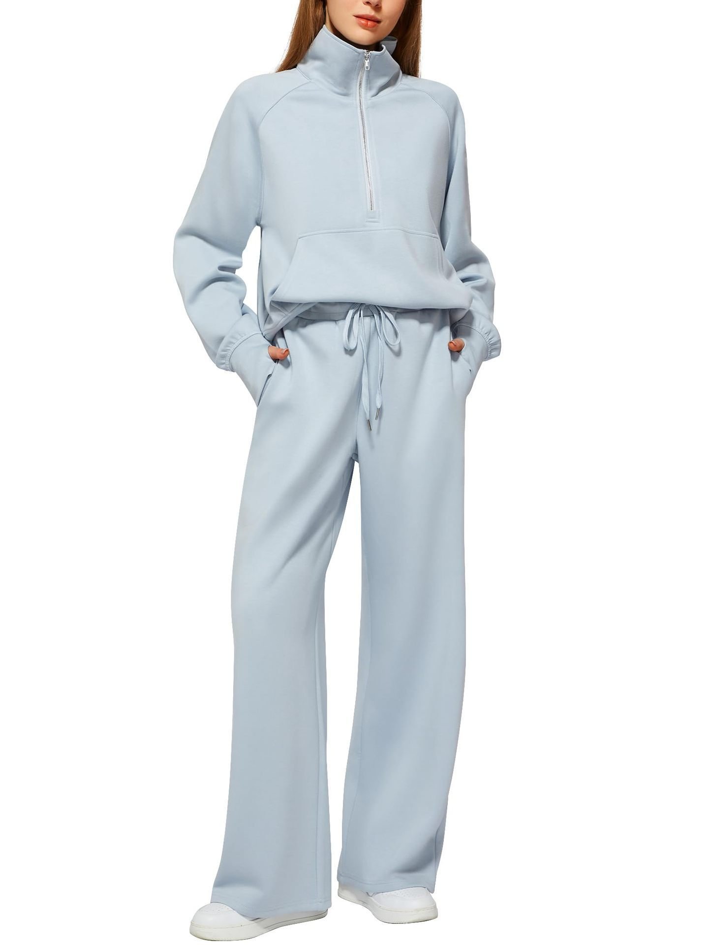 Woman Solid Color Half Zip Long Sleeve Sweatshirt And Wide Leg Pants Set Casual Sporty Two Piece Outfit Women's Suit 10 Woman Solid Color Half Zip Long Sleeve Sweatshirt And Wide Leg Pants Set Casual Sporty Two Piece Outfit Women's Suit - Image 10