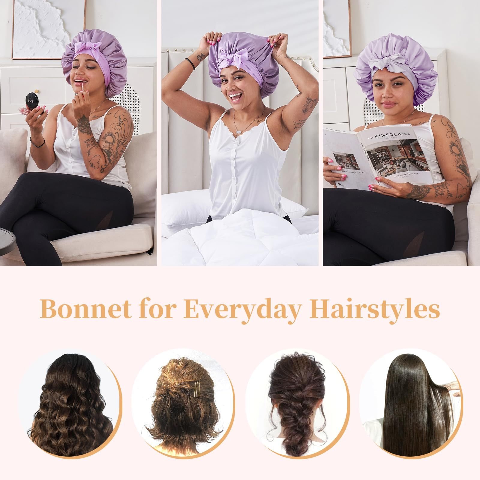 Silk Bonnet For Sleeping Women, Satin Hair Bonnet For Sleeping For Wavy Curly Natural Hair Women Men 3 Silk Bonnet For Sleeping Women, Satin Hair Bonnet For Sleeping For Wavy Curly Natural Hair Women Men - Image 3