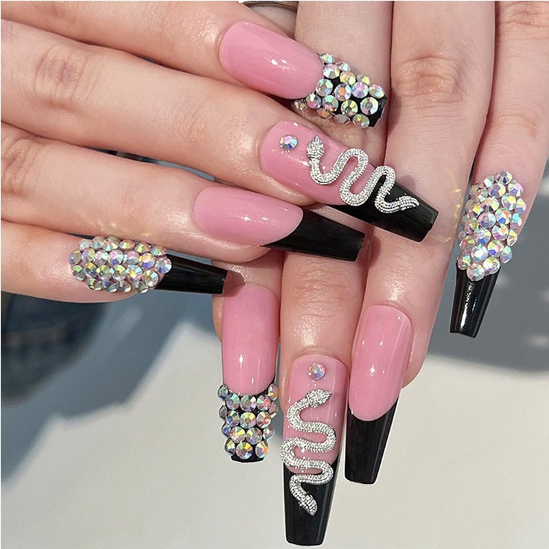 24 PCS Diamond Snake Nail Art, Long Length Long Water Pipe Fake Nails,Square Head Nail Tips False Nail 1 24 PCS Diamond Snake Nail Art, Long Length Long Water Pipe Fake Nails,Square Head Nail Tips False Nail