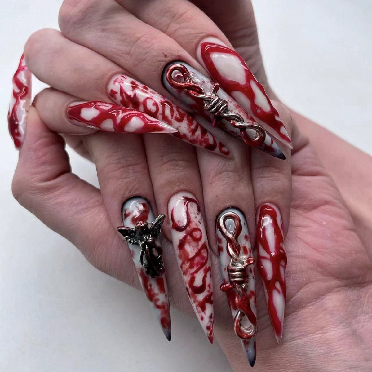 24 PCS Extra Long Teardrop-shaped Wearable Nail Art, Terrifying Angel Nail Art, 3D Blood-colored Fake Nails 1 24 PCS Extra Long Teardrop-shaped Wearable Nail Art, Terrifying Angel Nail Art, 3D Blood-colored Fake Nails