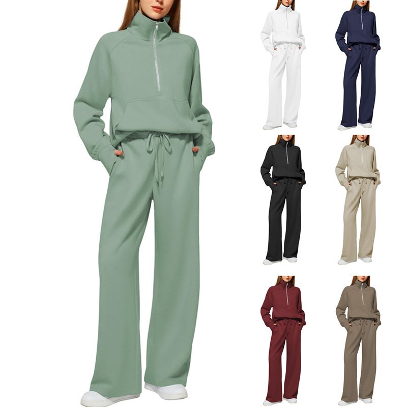 Woman Solid Color Half Zip Long Sleeve Sweatshirt And Wide Leg Pants Set Casual Sporty Two Piece Outfit Women's Suit 1 Woman Solid Color Half Zip Long Sleeve Sweatshirt And Wide Leg Pants Set Casual Sporty Two Piece Outfit Women's Suit