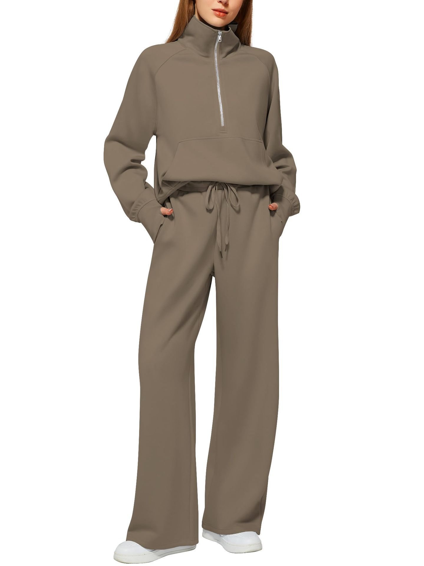 Woman Solid Color Half Zip Long Sleeve Sweatshirt And Wide Leg Pants Set Casual Sporty Two Piece Outfit Women's Suit 2 Woman Solid Color Half Zip Long Sleeve Sweatshirt And Wide Leg Pants Set Casual Sporty Two Piece Outfit Women's Suit - Image 2