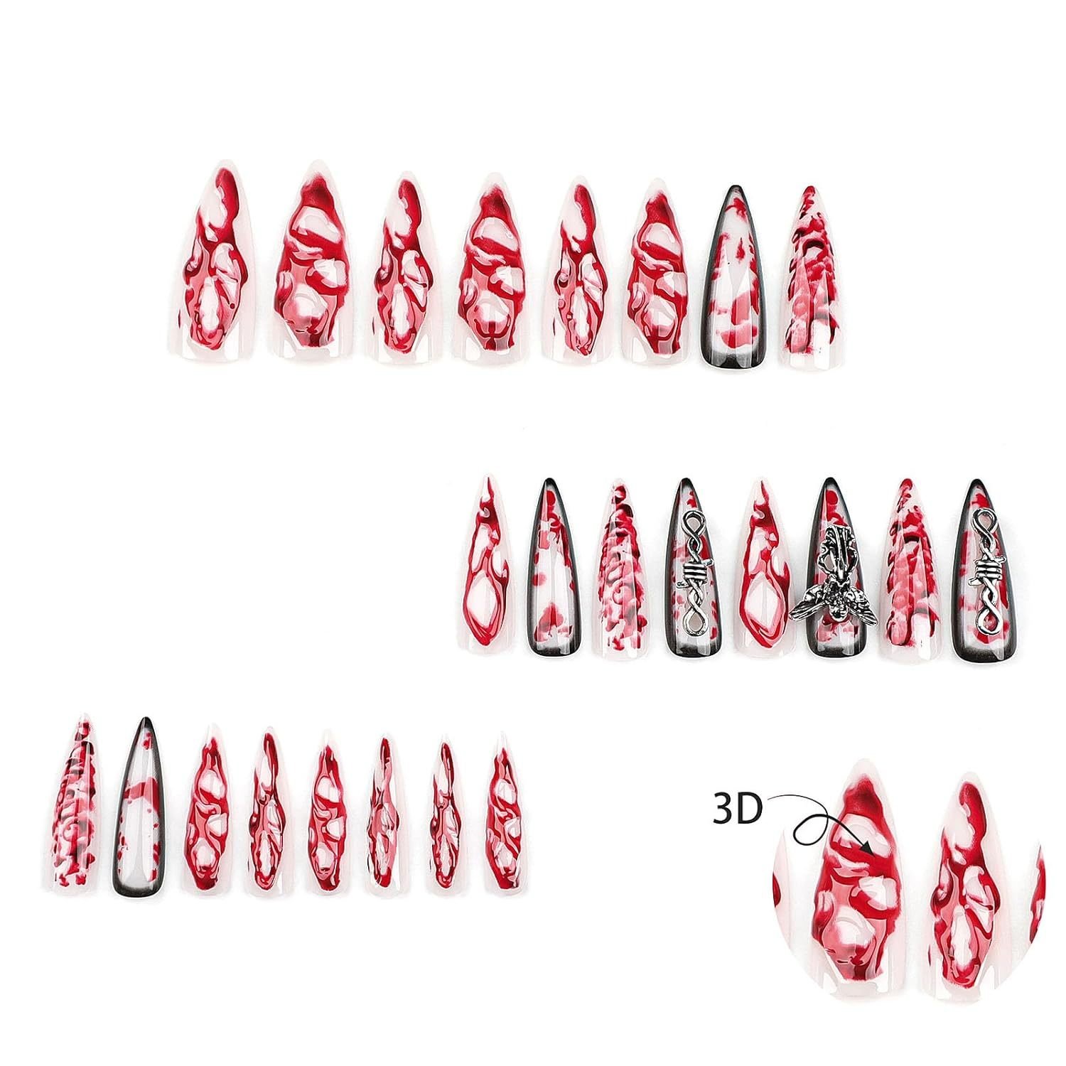 24 PCS Extra Long Teardrop-shaped Wearable Nail Art, Terrifying Angel Nail Art, 3D Blood-colored Fake Nails 2 24 PCS Extra Long Teardrop-shaped Wearable Nail Art, Terrifying Angel Nail Art, 3D Blood-colored Fake Nails - Image 2