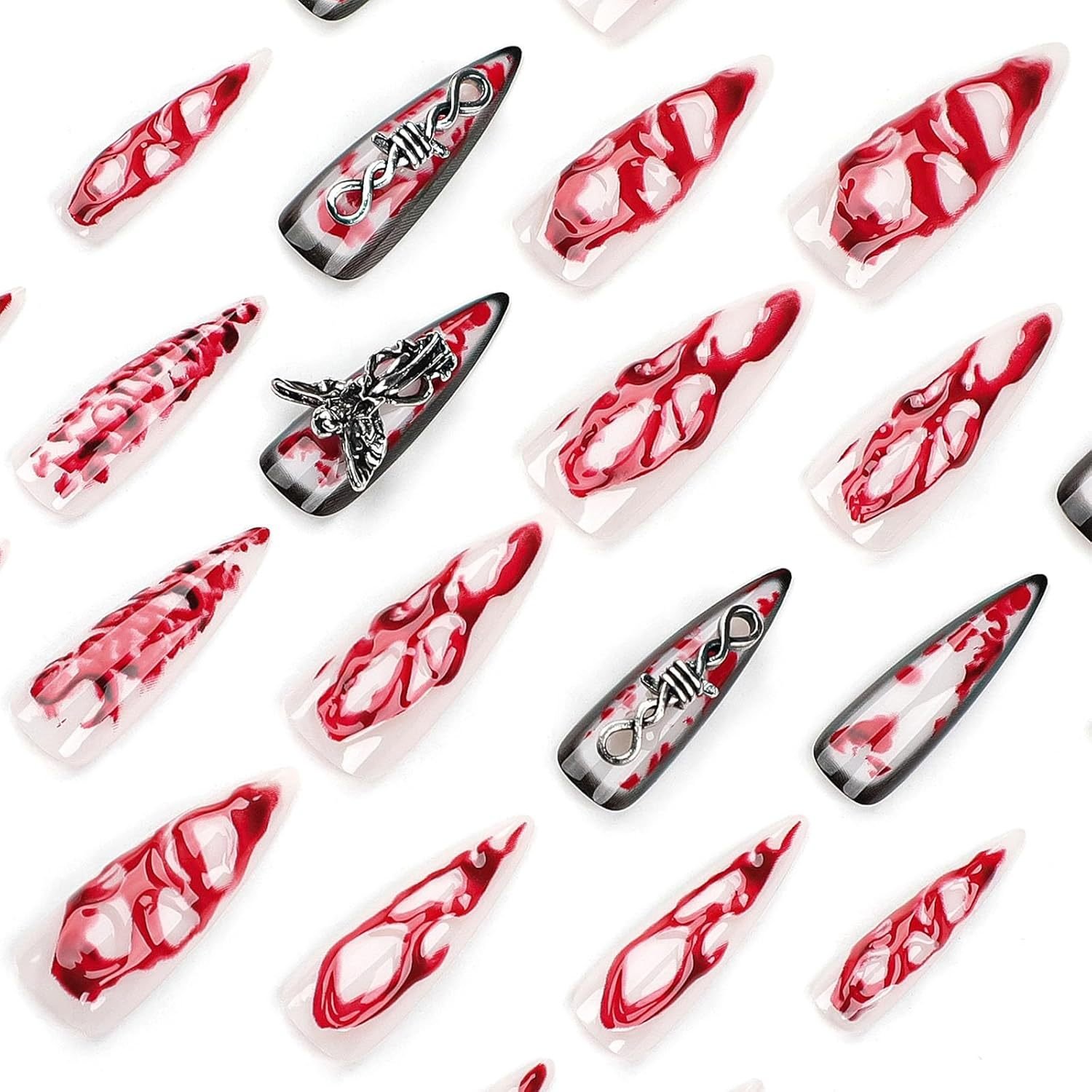 24 PCS Extra Long Teardrop-shaped Wearable Nail Art, Terrifying Angel Nail Art, 3D Blood-colored Fake Nails 3 24 PCS Extra Long Teardrop-shaped Wearable Nail Art, Terrifying Angel Nail Art, 3D Blood-colored Fake Nails - Image 3