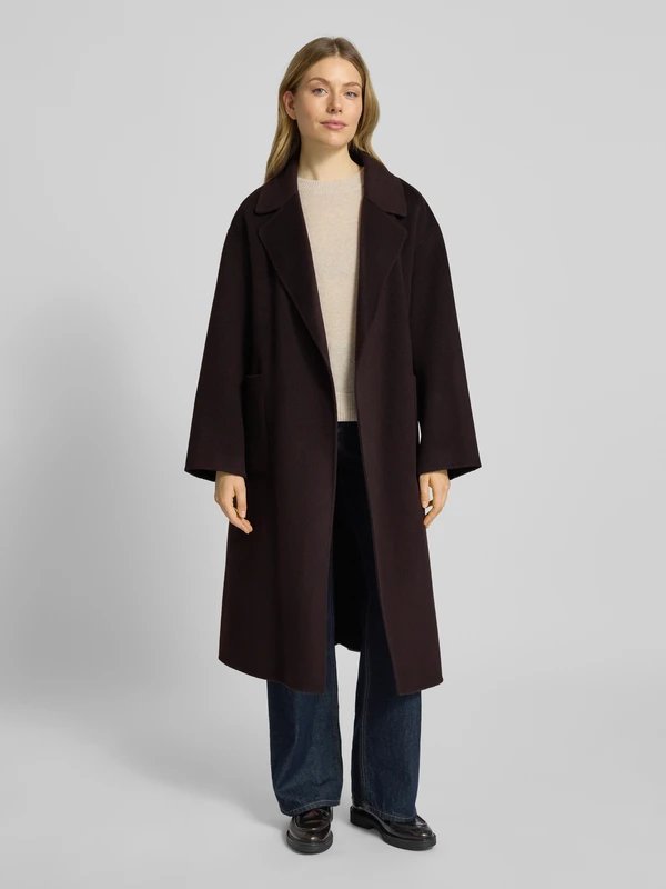Chocolate Brown Wool Coat with a Cream Knit and Dark Jeans