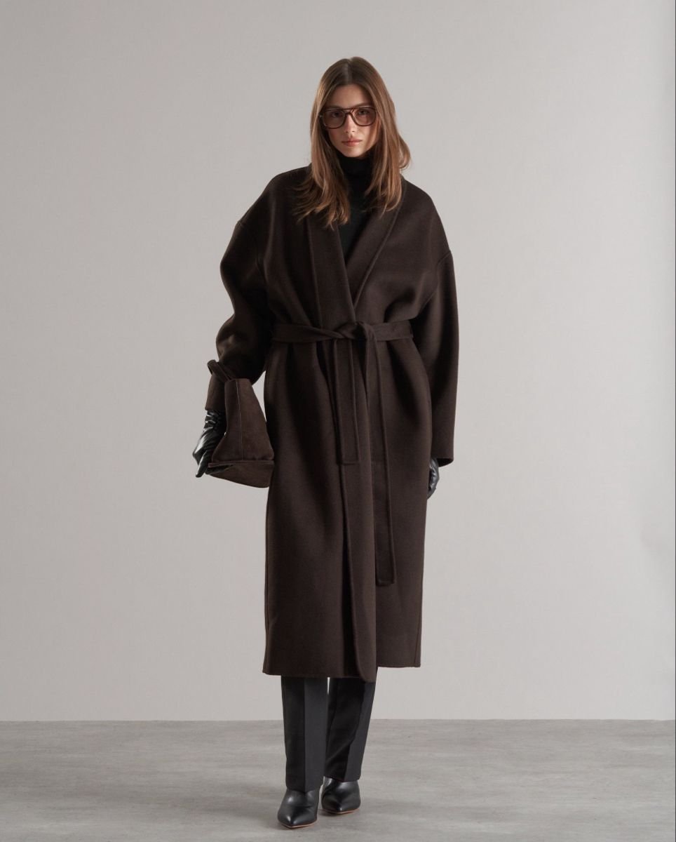 Chocolate Brown Long Coat with a Black Turtleneck and Ankle Boots