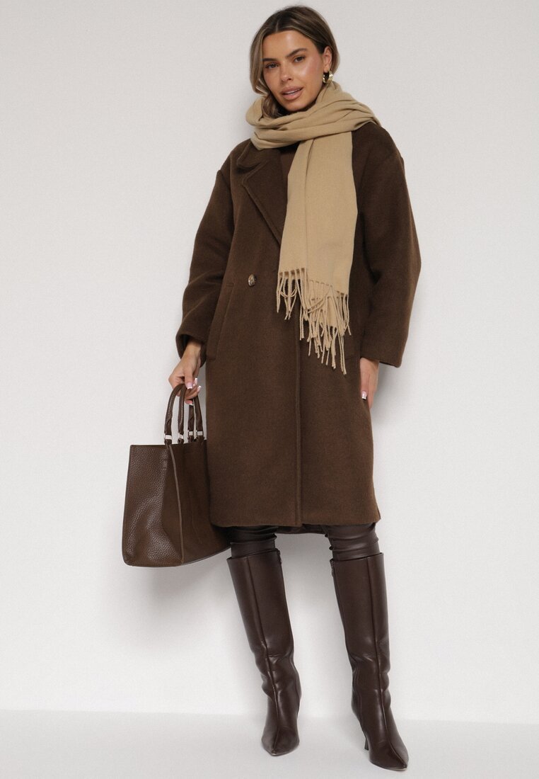 Chocolate Brown Belted Coat with a Beige Scarf and Knee-High Boots