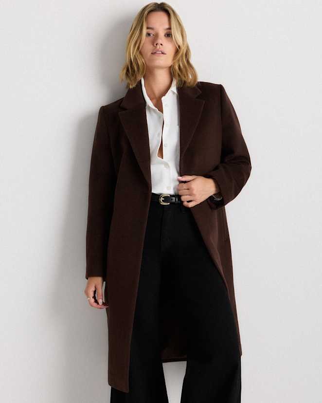 Chocolate Brown Wrap Coat with a White Shirt and Black Trousers