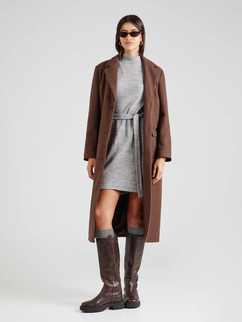 Chocolate Brown Double-Breasted Coat with a Grey Knit Dress