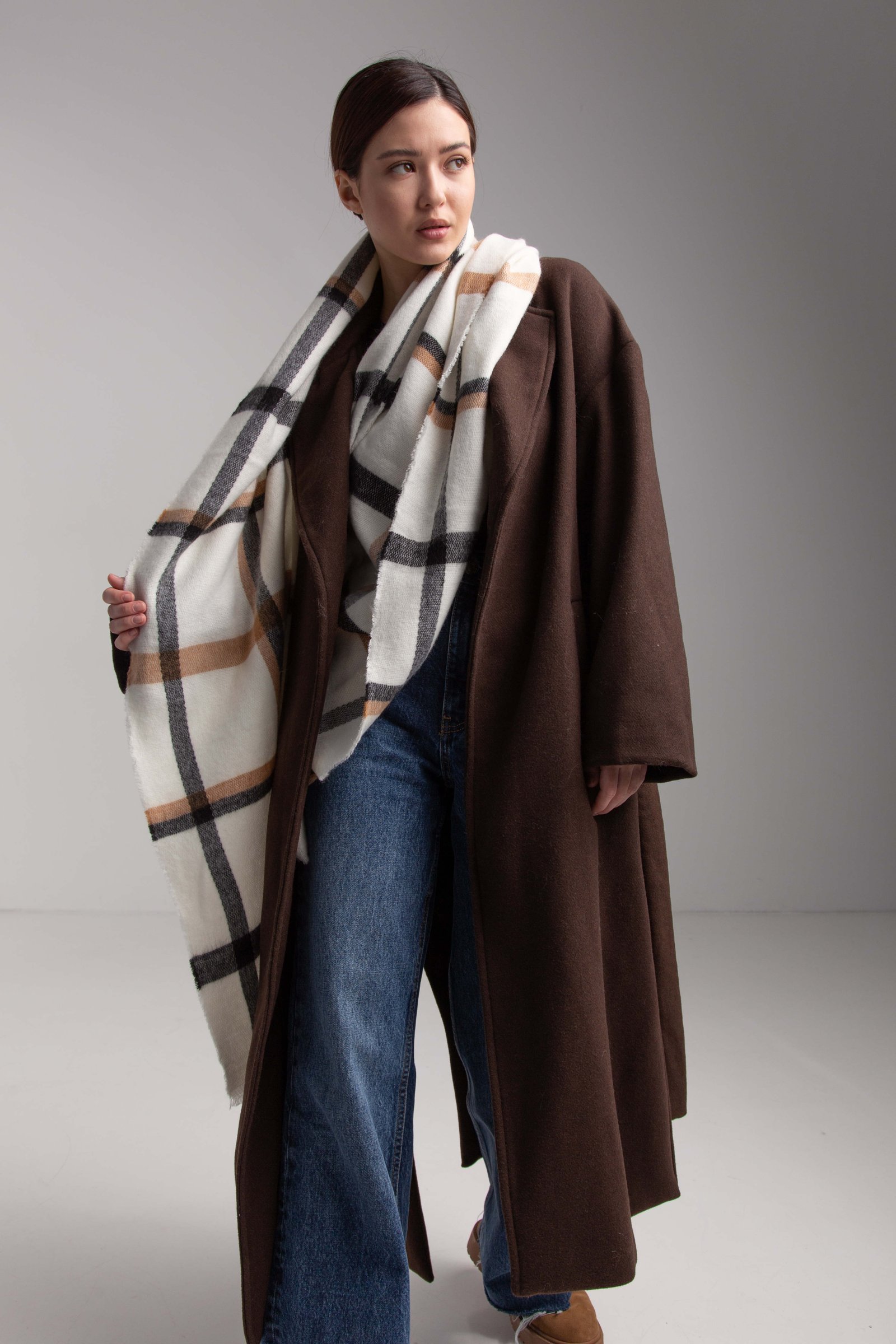 Chocolate Brown Oversized Coat with a Plaid Scarf and Jeans