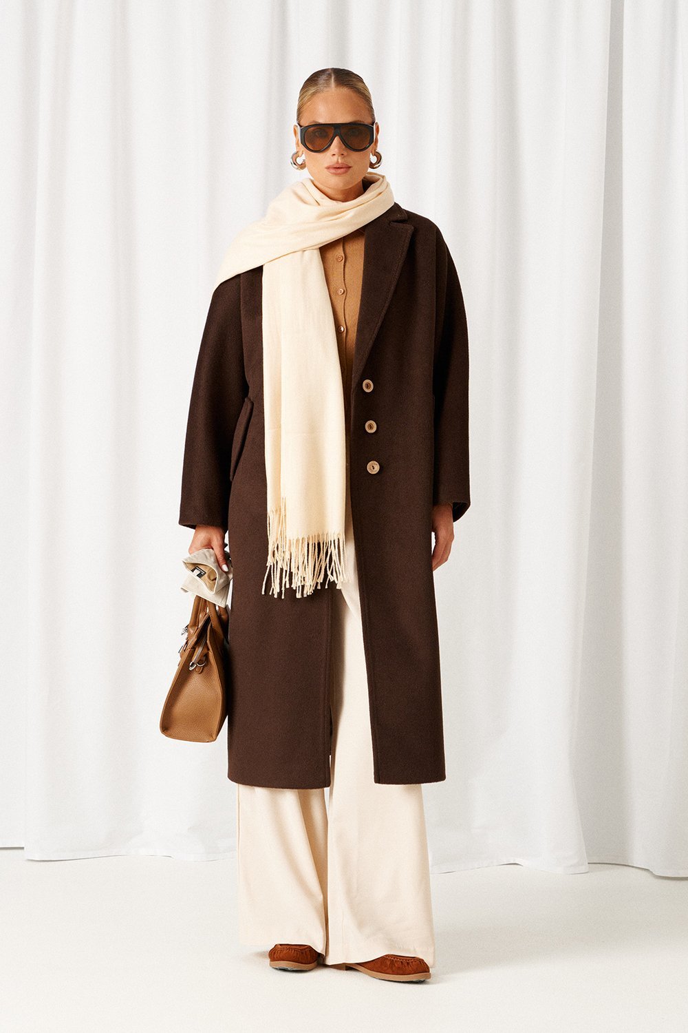 Chocolate Brown Tailored Coat with a Cream Scarf and Wide-Leg Trousers