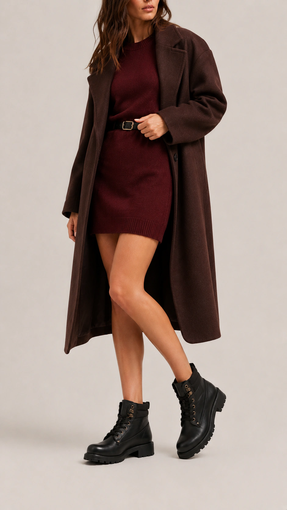 Chocolate Brown Wool Coat with a Burgundy Knit and Black Boots