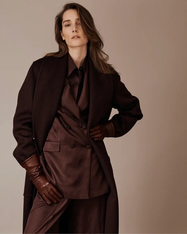 Chocolate Brown Belted Coat with a Satin Blouse and Tailored Trousers