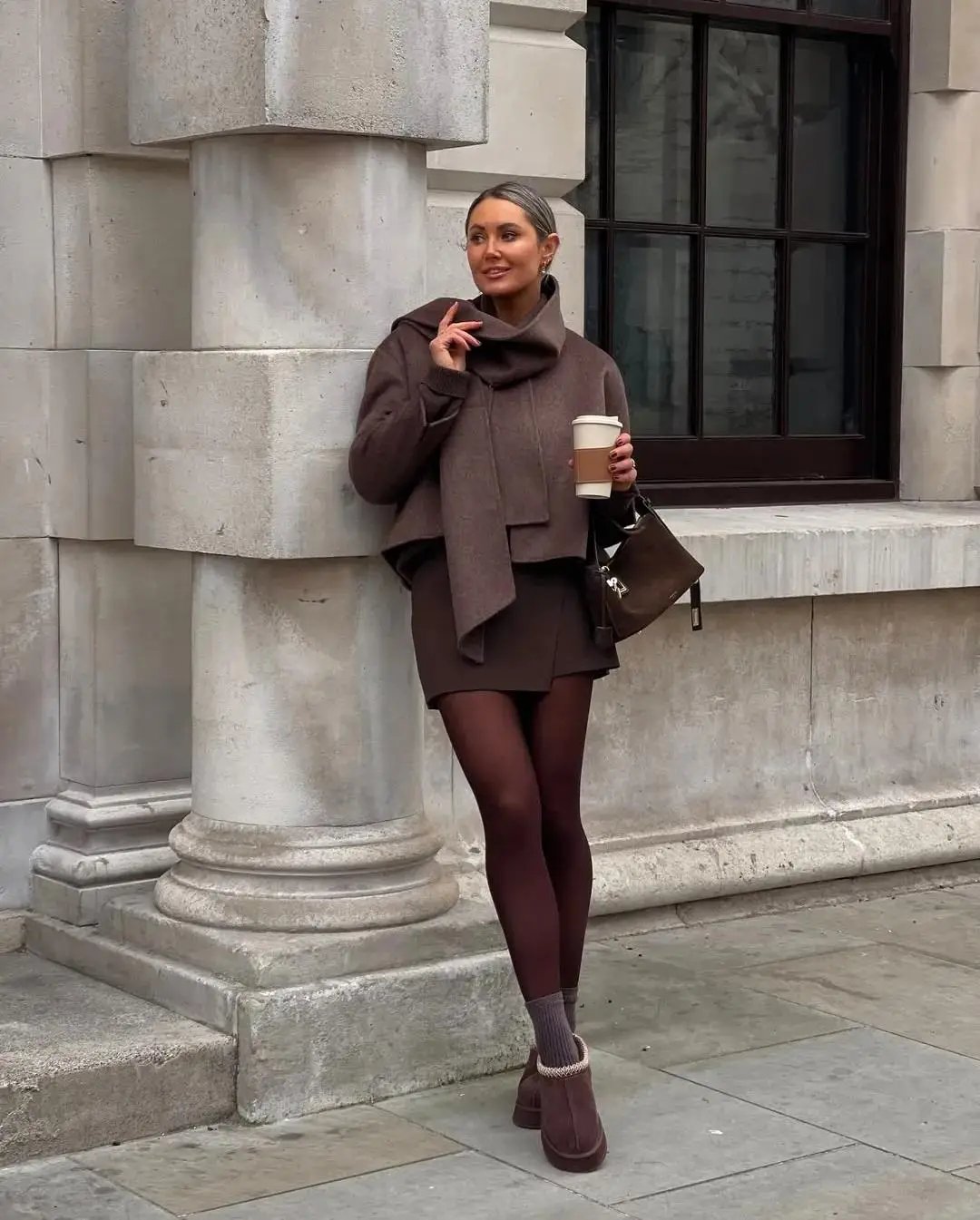 Chocolate Brown Wrap Coat with a Chunky Knit and a Knit Skirt