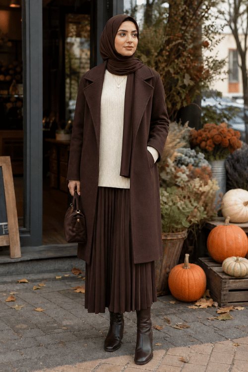 Chocolate Brown Tailored Coat with a Pleated Skirt and Heeled Boots