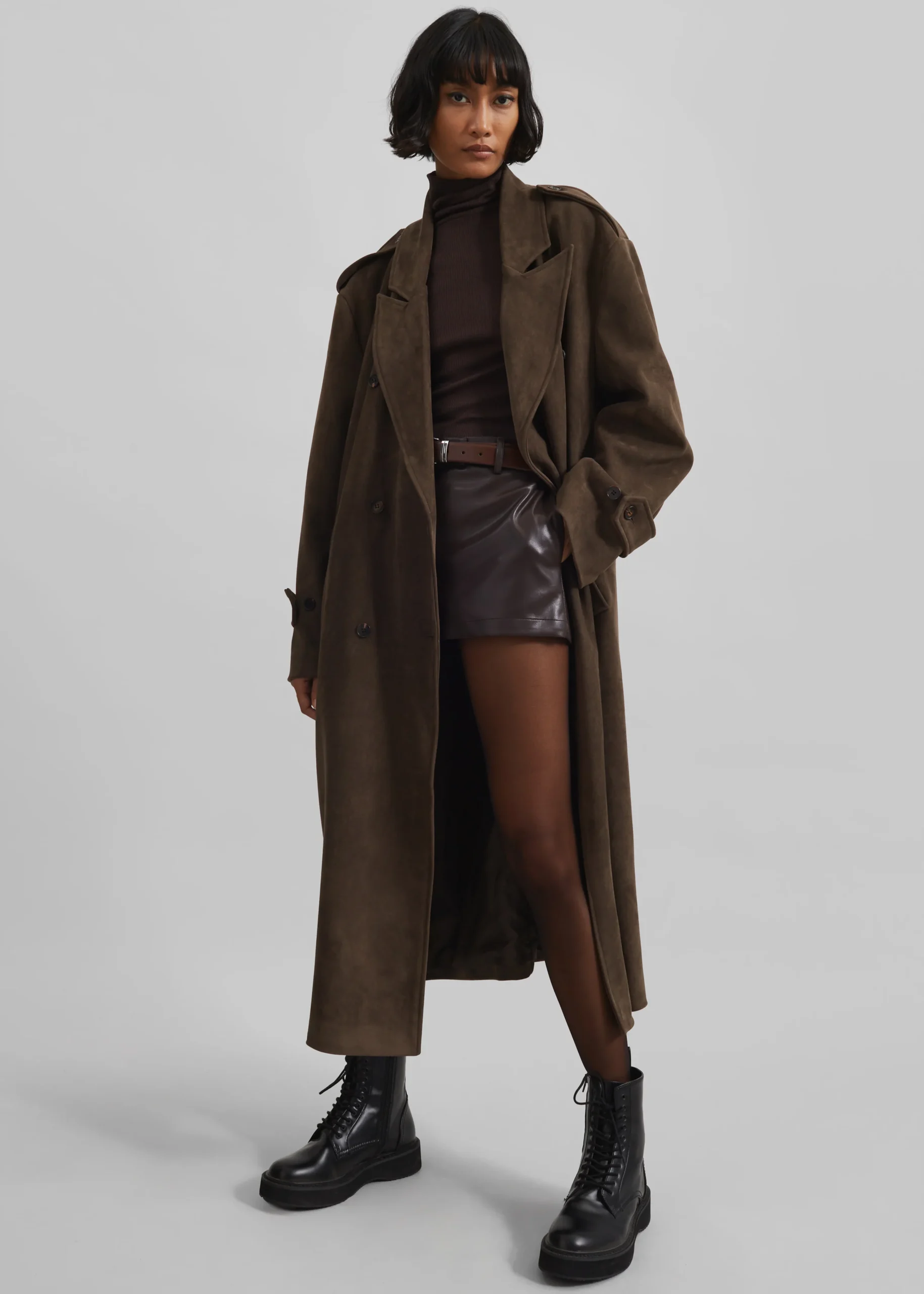 Chocolate Brown Wool Coat with a Roll-Neck and a Leather Skirt