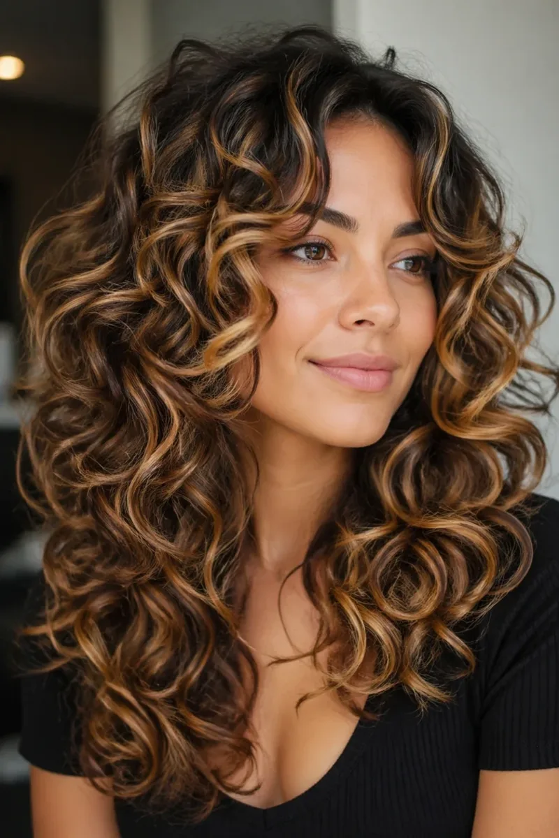 Curly Brown Hair with Caramel Balayage