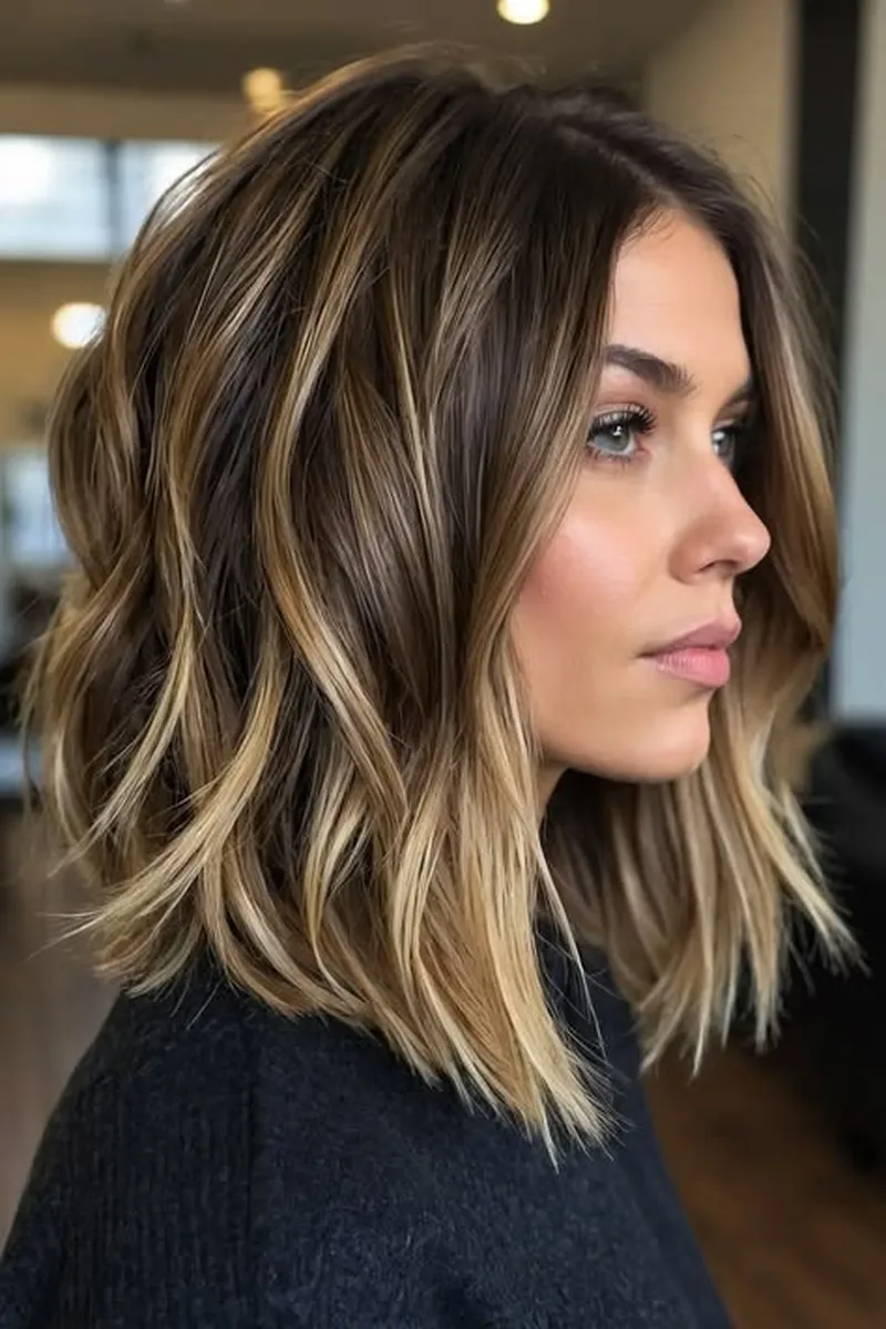 Wavy Bob with Caramel Blonde Highlights
