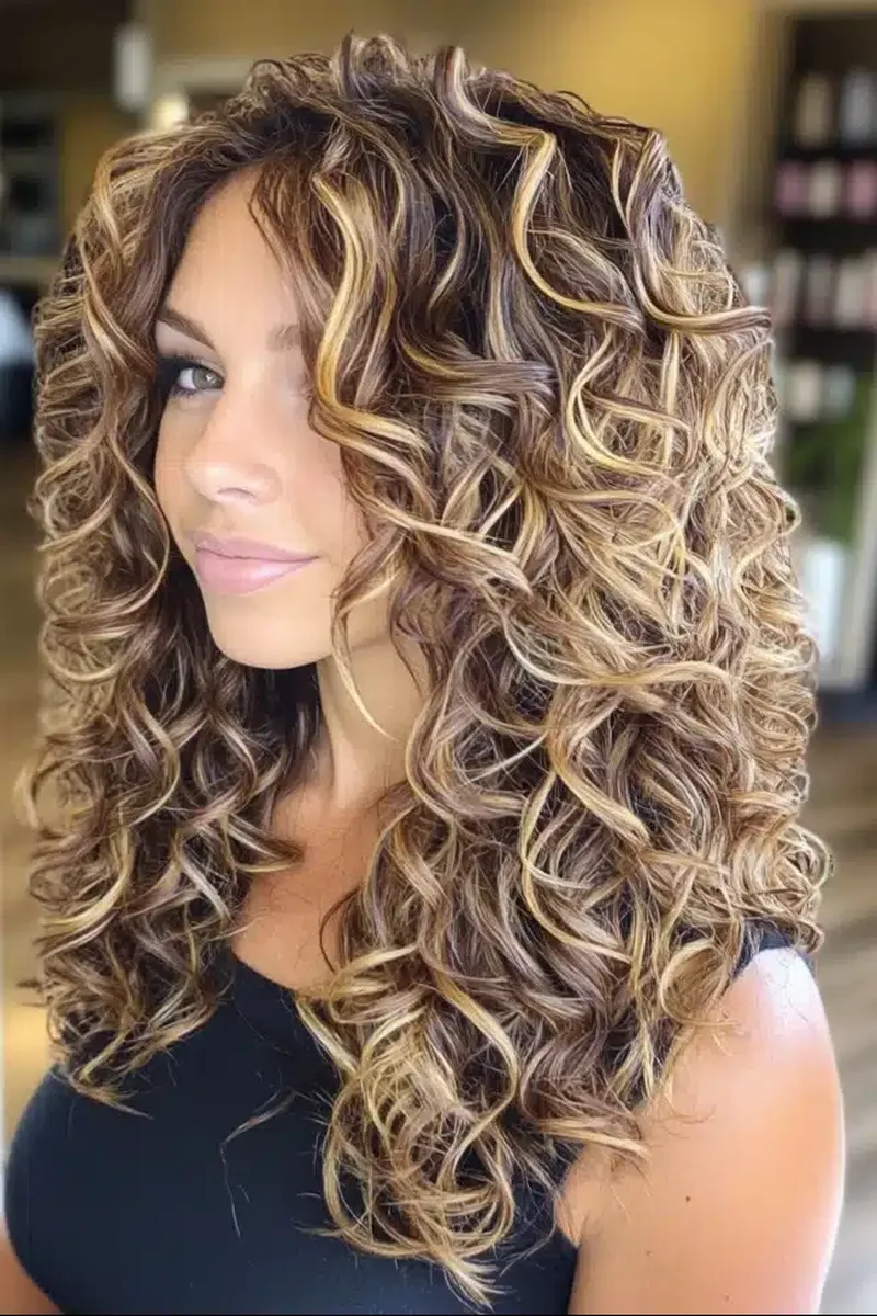 Brown Balayage with Cascading Blonde Curls