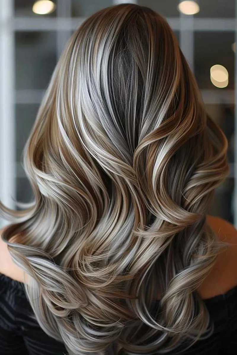 Silky Chestnut Hair with Silver Highlights