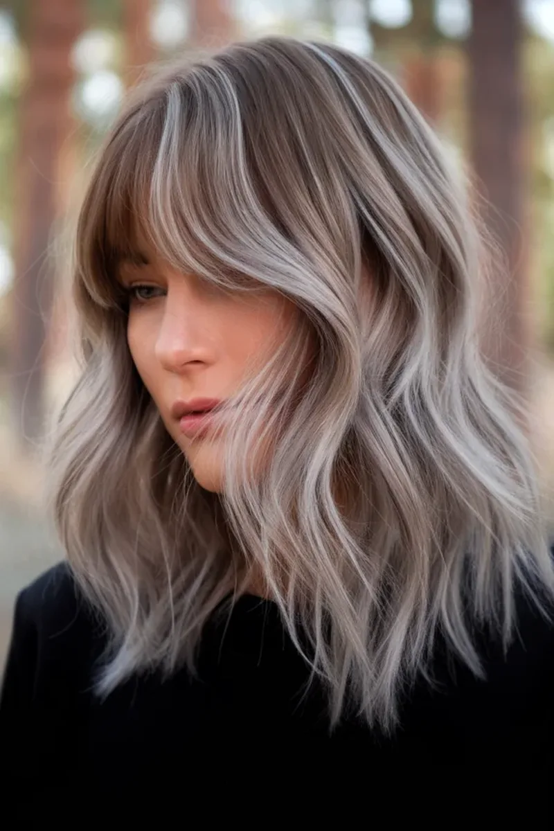 Face-Framing Silver Highlights on Brown Hair