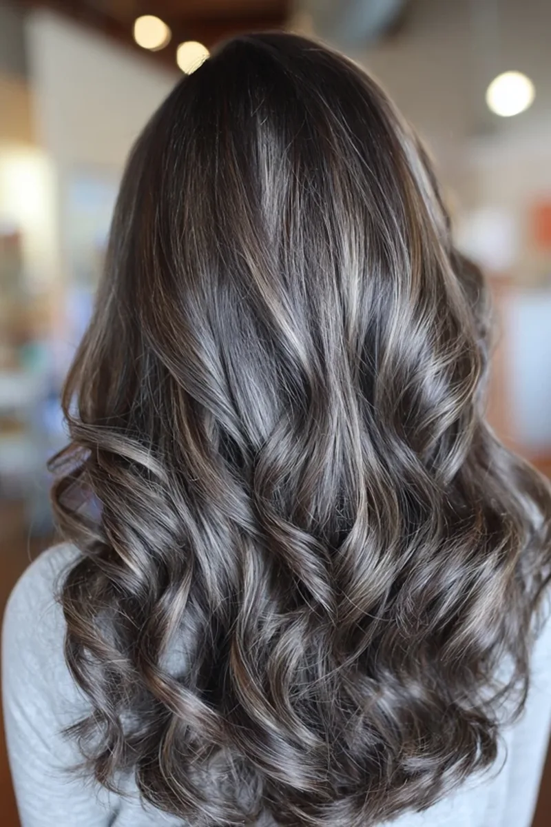 Flowing Chestnut Waves with Silver Highlights
