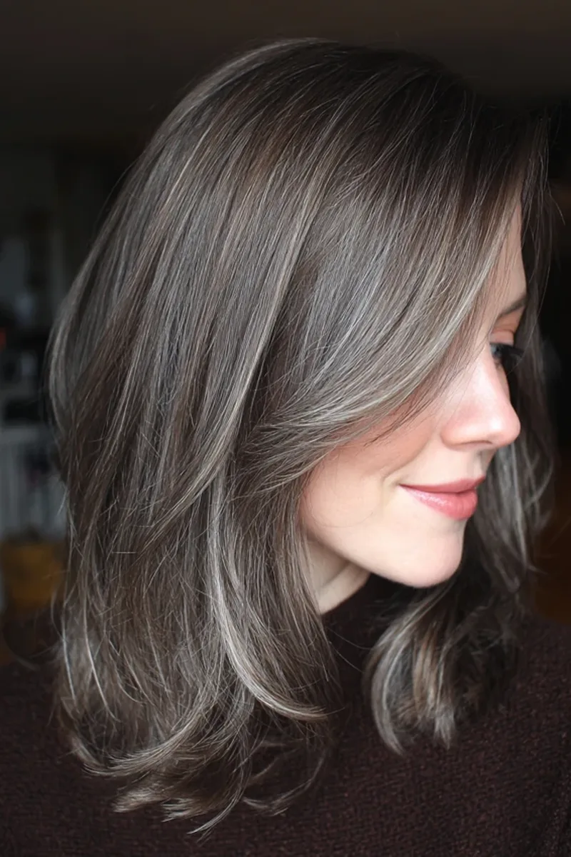 Layered Brown Hair with Silver Highlights