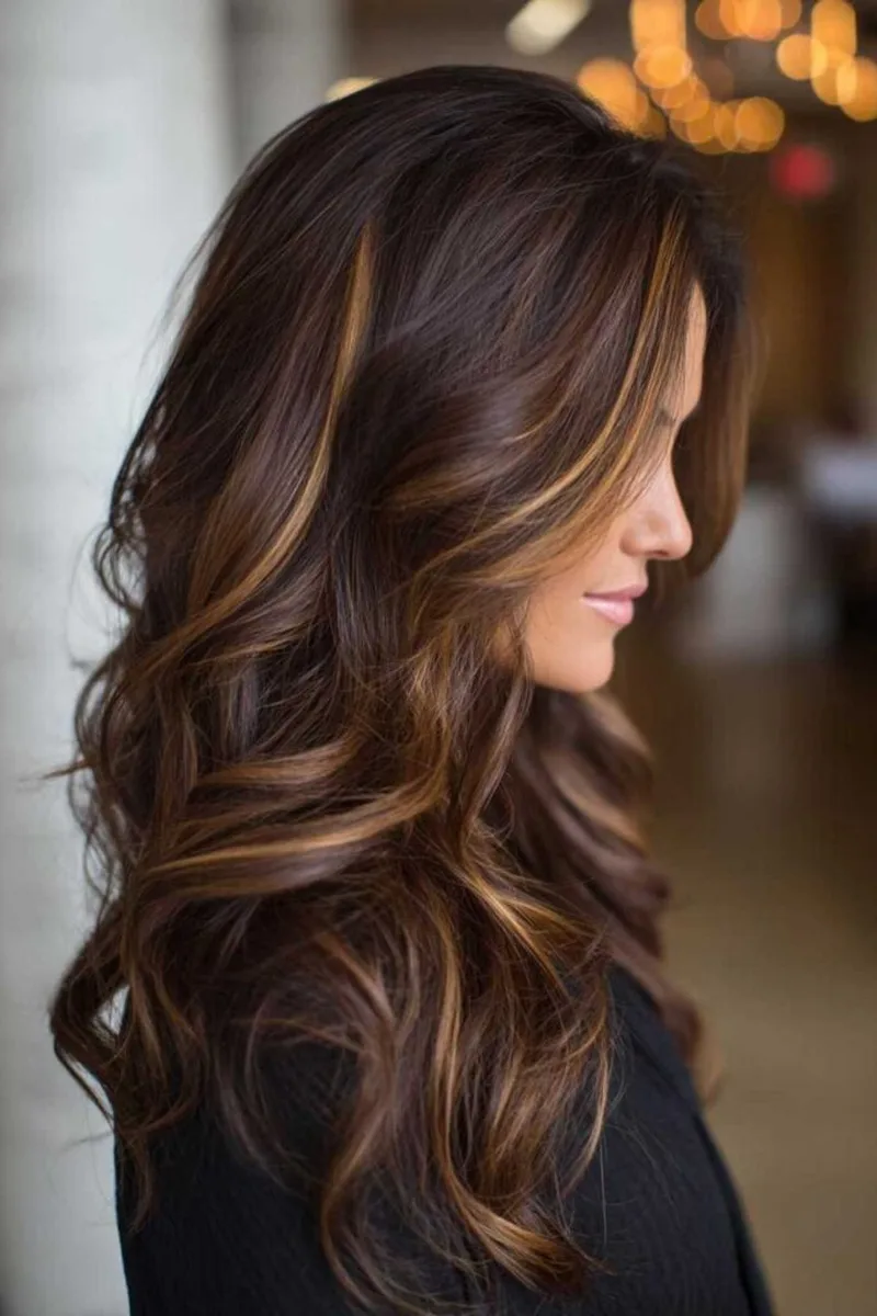 27 Honey Golden Blonde and Caramel Balayage Ideas on Dark Brown Hair You'll Love 19 Deep Dark Brown Base with Toasty Highlights