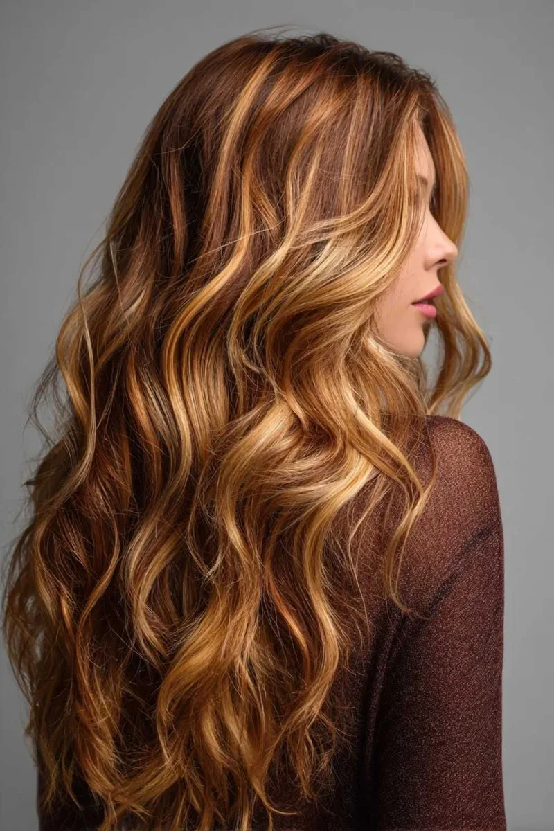 27 Honey Golden Blonde and Caramel Balayage Ideas on Dark Brown Hair You'll Love 6 Caramel Balayage Ribbons on Long Waves
