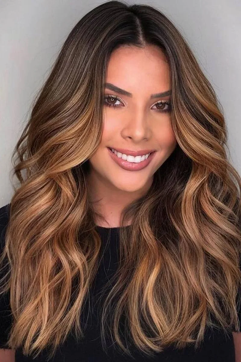 27 Honey Golden Blonde and Caramel Balayage Ideas on Dark Brown Hair You'll Love 8 Sleek Caramel Melt on Dark Brown