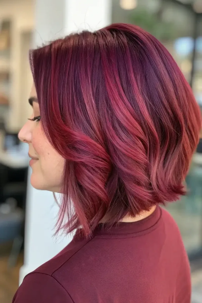 Magenta Cherry Cola Balayage on a Wavy Lob
