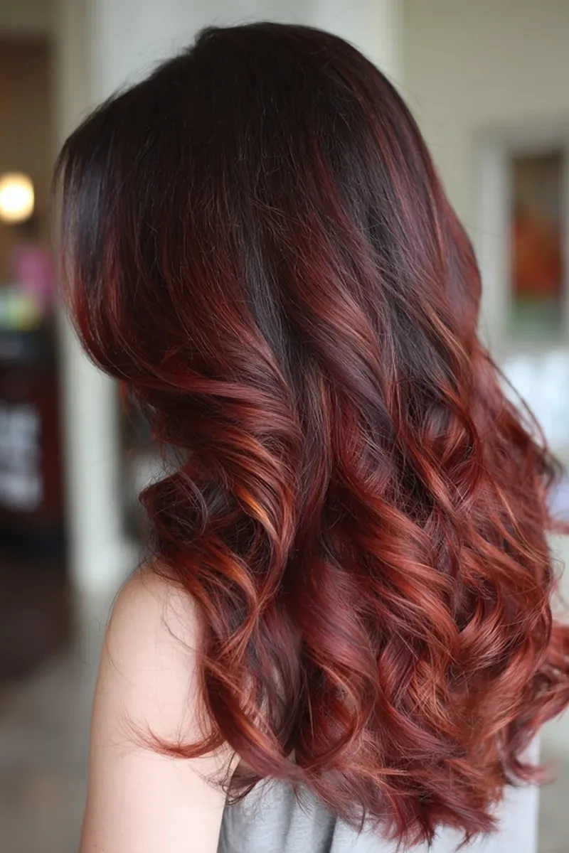 Long Natural Curls with Warm Cherry Blend