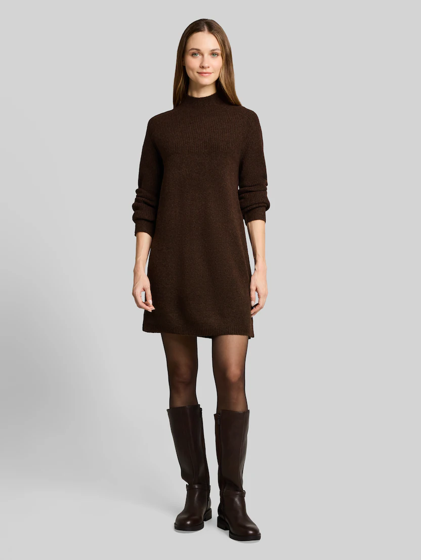 33 Chocolate Brown Knit Outfits for January Weekends That Are Chic, Warm and Elegant 8 Chocolate Brown Knit Sweater Dress with Knee-High Boots