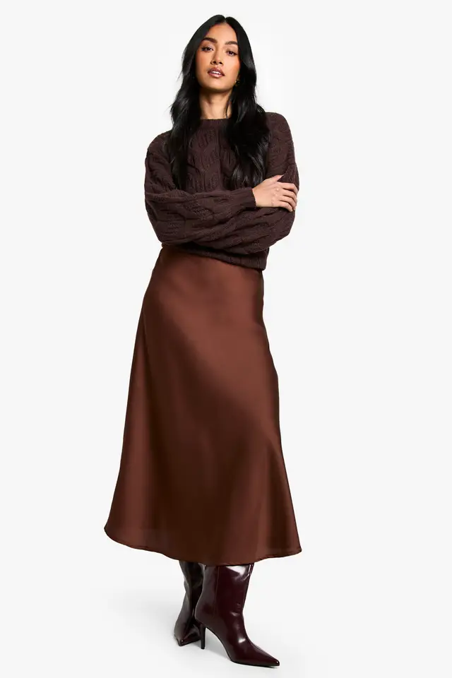 33 Chocolate Brown Knit Outfits for January Weekends That Are Chic, Warm and Elegant 11 Chocolate Brown Ribbed Knit Top with a Satin Skirt