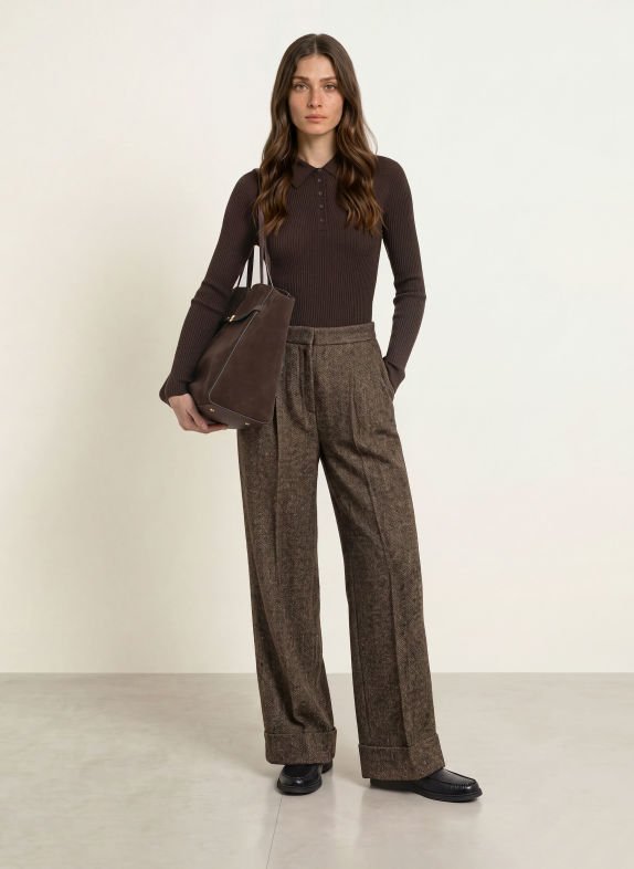 33 Chocolate Brown Knit Outfits for January Weekends That Are Chic, Warm and Elegant 13 Chocolate Brown Knit Polo with Pleated Trousers