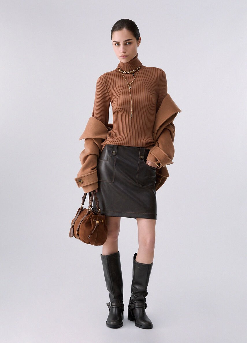 33 Chocolate Brown Knit Outfits for January Weekends That Are Chic, Warm and Elegant 14 Chocolate Brown Turtleneck Knit with a Leather Skirt